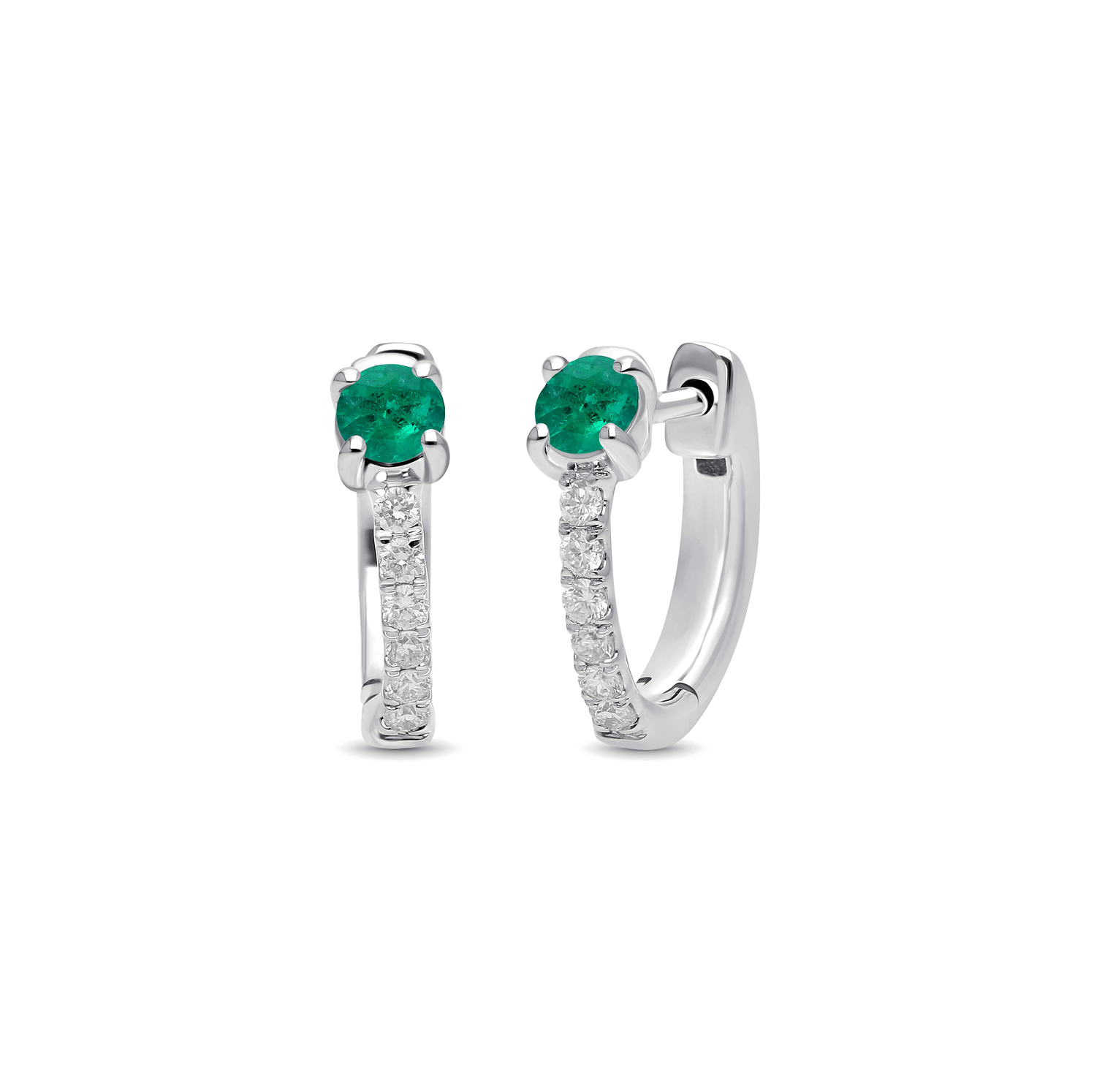 14K White Gold Diamond and Emerald Huggie Hoop Earrings